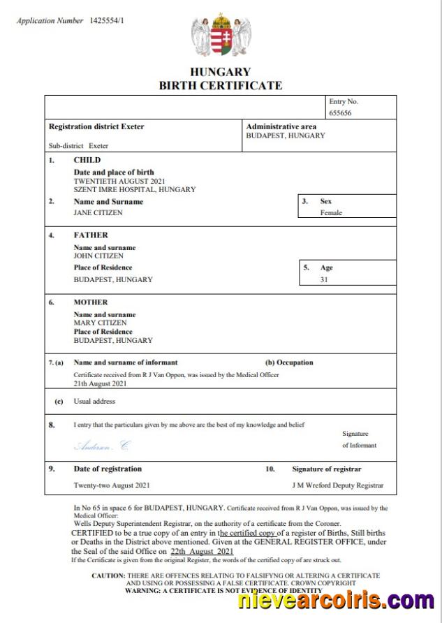 Hungary vital record birth certificate